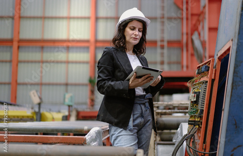 Engineer manager wears safety helmet work in heavy metal engineering factory. Mature female worker in hardhat hard hat examining production machinery equipment in metalwork manufacturing facility.