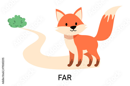 Learning English prepositions with a funny fox and green bush vector isolated. Animal character sitting far from a green bush. Cute red fox.