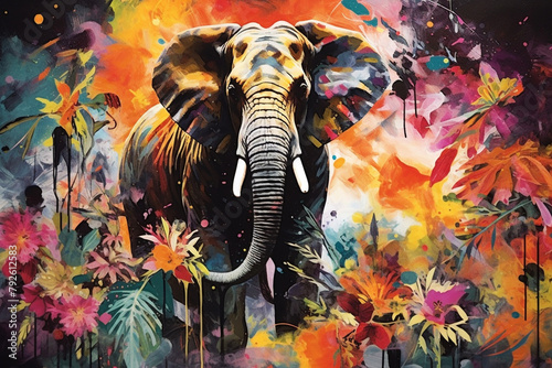 Colorful street art with an elephant among bright abstract splashes