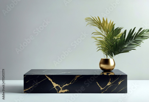 'Marble podium product display and presentation. Black golden colored mockup with tropical leaves - Generative AI'