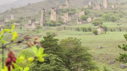 The complex of old Egikal Towers, the largest medieval castle-type tower villages, is located on the outskirts of a mountain range in Ingushetia, Russia. An ancient family crypt. 4К photo