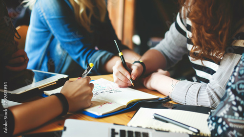 Four people taking notes and drawing during meeting