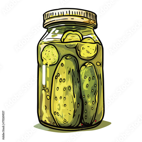 Glass jar of pickled cucumbers. Hand drawn vector illustration.