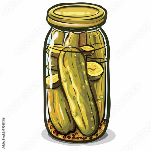 Glass jar of pickled cucumbers. Hand drawn vector illustration.