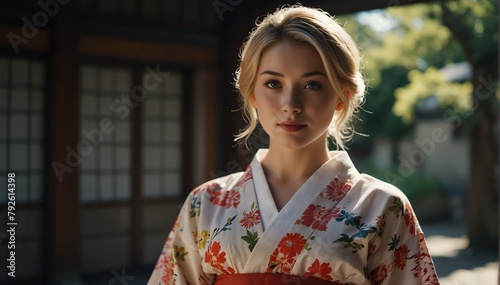 beautiful blonde young woman wearing traditional japanese yukata from Generative AI