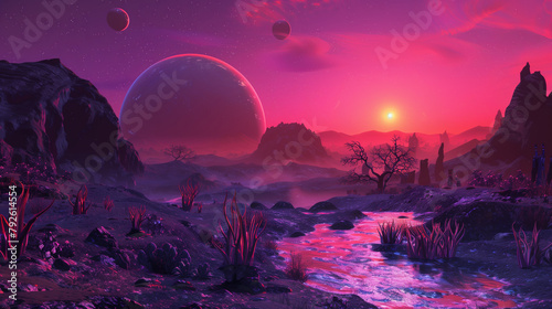 Alien Landscape with Dual Moons and River at Twilight