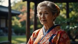 beautiful caucasian elderly woman wearing traditional japanese yukata from Generative AI