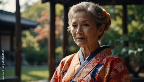 beautiful caucasian elderly woman wearing traditional japanese yukata from Generative AI photo