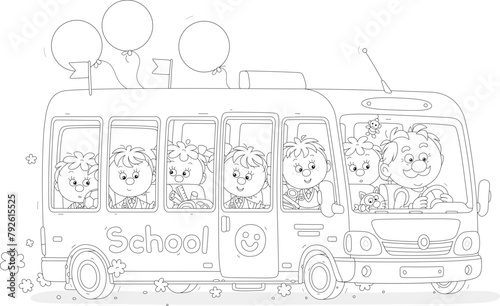 Small school bus with a smiling driver and noisy company of funny little schoolchildren passengers, black and white outline vector illustration for a coloring book