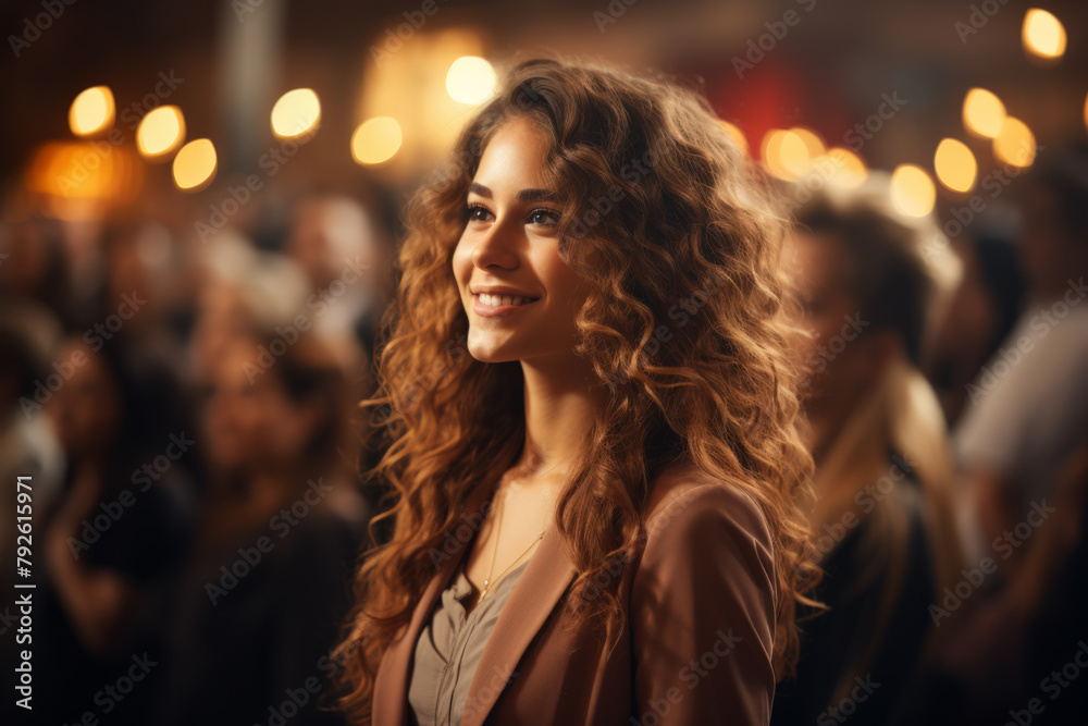 Radiant young woman enjoying an event with bokeh lights Radiant young woman enjoying an event with bokeh lights