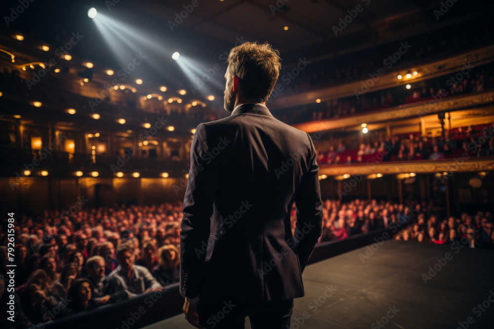 Confident speaker at a theater facing audience Confident speaker at a theater facing audience
