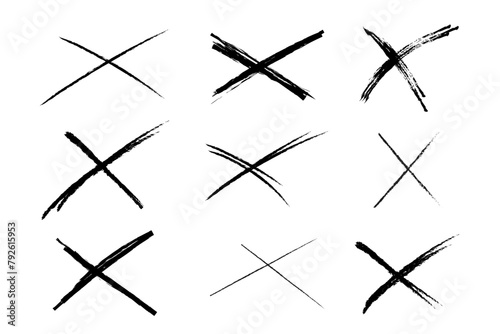 Cross sketch grunge scribble set X shape sign, mark on white background. Strikethrough textured brush charcoal or marker hand drawn lines.