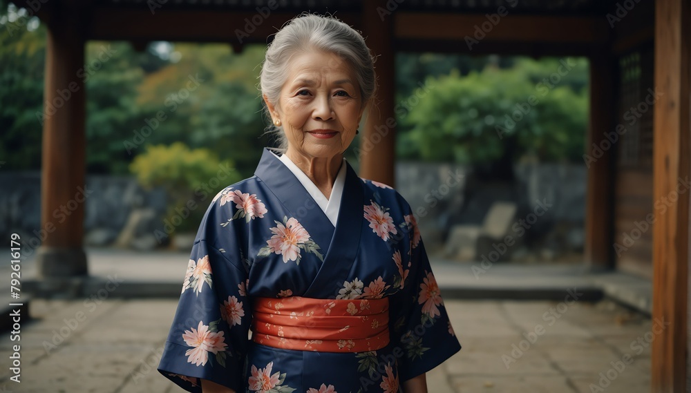 beautiful elderly woman wearing traditional japanese yukata from Generative AI