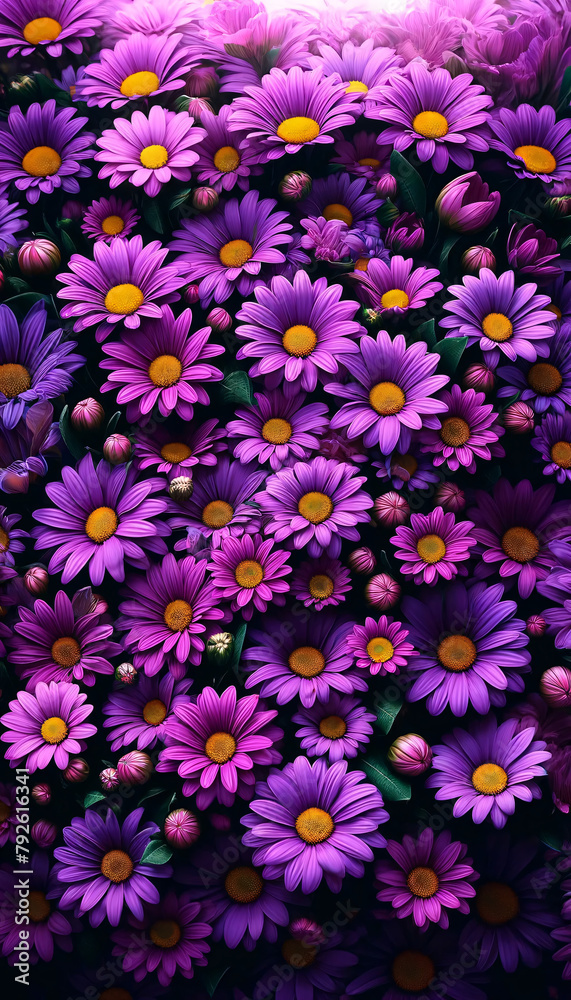A full frame of vivid purple daisies with bright yellow centers densely packed together. The flowers in various stages of bloom A full frame of vivid purple daisies with bright yellow centers densely packed together. The flowers in various stages of bloom