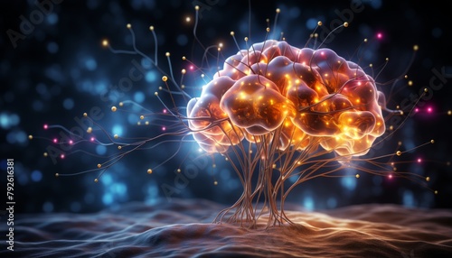 The image is a representation of the human brain. The brain is depicted as a tree with a glowing orange center and blue branches. The tree is surrounded by a dark blue background with a starry sky.