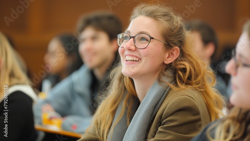 Happy student wearing glasses engaged in lively discussion during a lecture