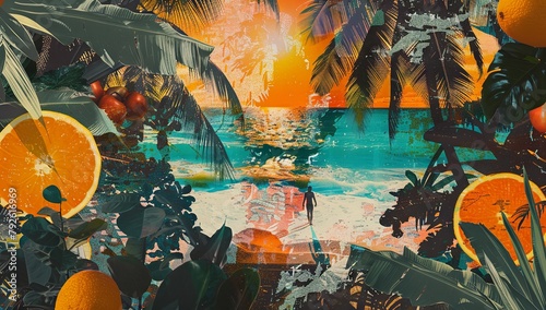 Tropical beach sunset with vibrant fruit and foliage illustrations © volga
