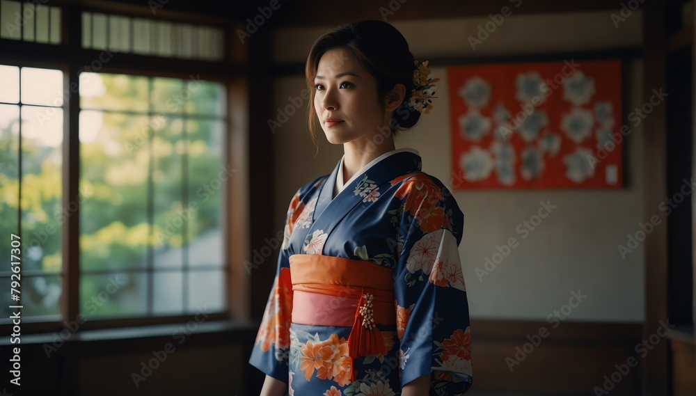 beautiful middleage woman wearing traditional japanese yukata from Generative AI