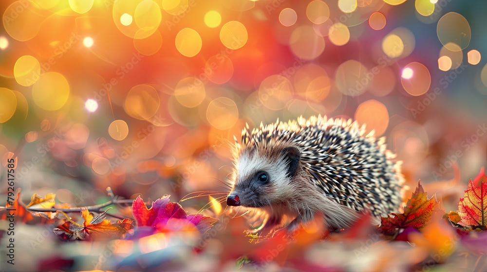 Autumnal hedgehog amid colorful leaves and soft bokeh lights Autumnal hedgehog amid colorful leaves and soft bokeh lights