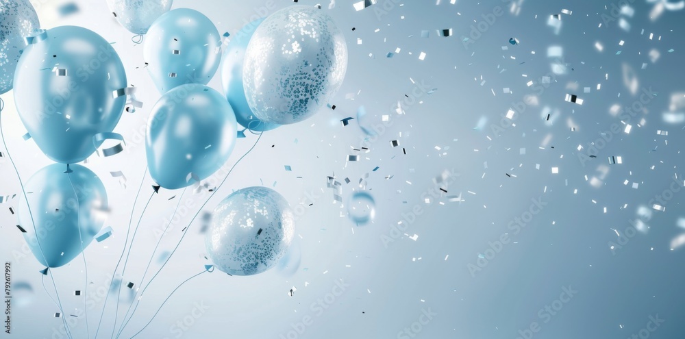 Light blue balloons and silver confetti on a light background Light blue balloons and silver confetti on a light background