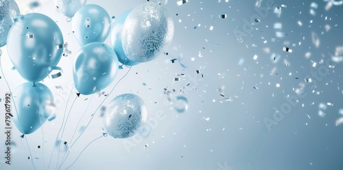 Light blue balloons and silver confetti on a light background