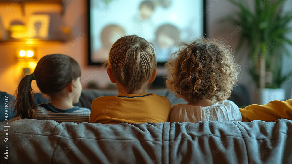 Children watching TV at home on the sofa, rear view