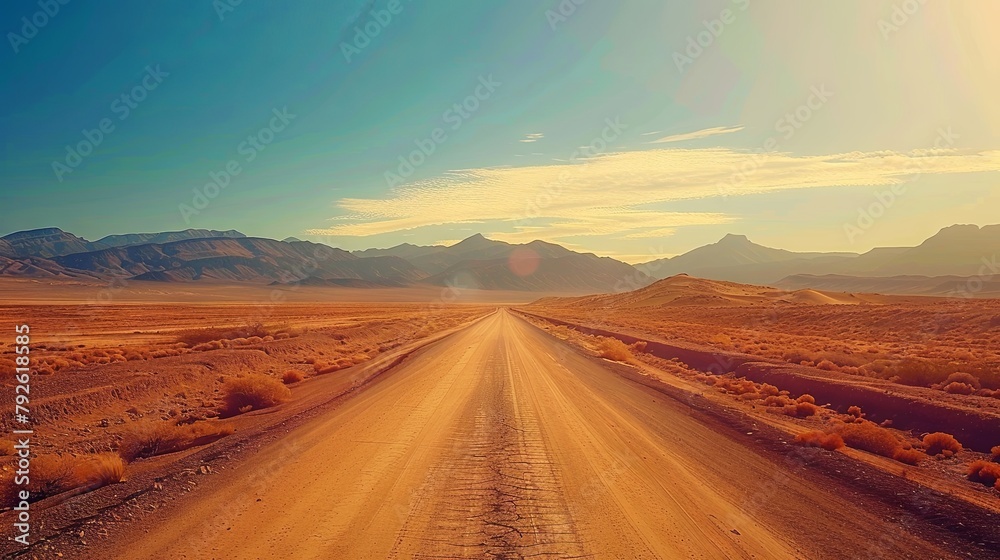 Golden hour desert road leading to mountains under a vast sky