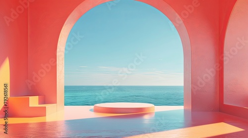 Dreamy seascape view through arched doorway with tranquil ocean and clear sky