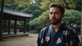 handsome bearded man wearing traditional japanese yukata from Generative AI