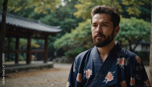handsome bearded man wearing traditional japanese yukata from Generative AI photo