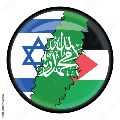 Israel and Palestine flags between Hamas official state flag, Cracked 3D Rounded Flags, Campaign buttons.  