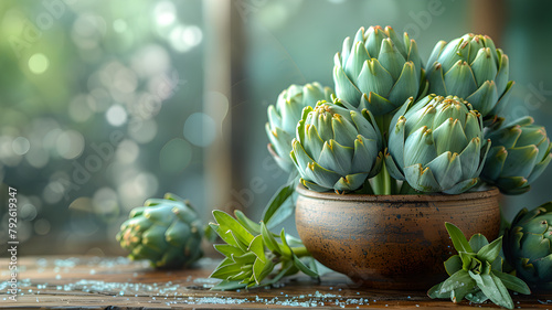 basket of artichokes on a wooden table