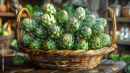 basket of artichokes on a wooden table
