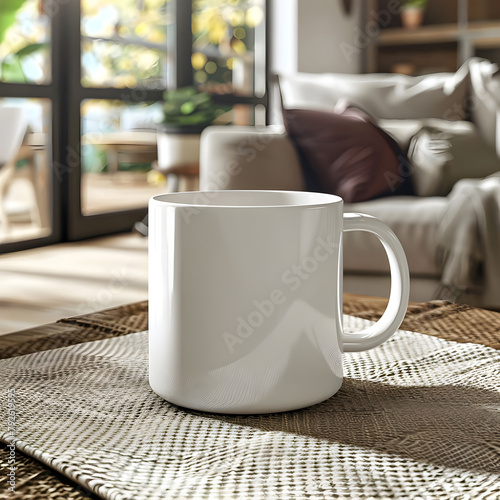 Mock up a white coffee cup on a table in the office. White mug mockup on workdesk.
