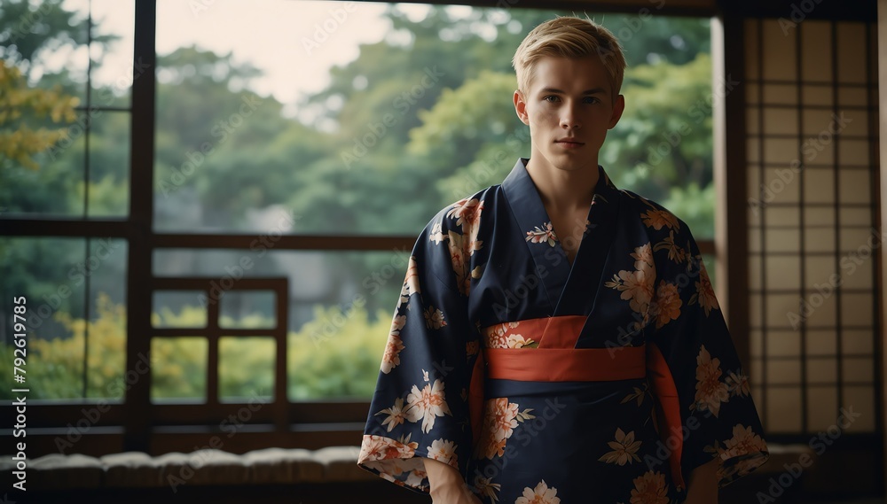 handsome blonde young man wearing traditional japanese yukata from Generative AI