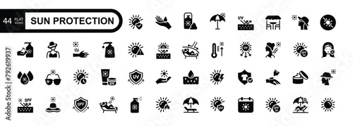 Sun protection icon set. Contains icons sunscreen, ultraviolet, sunglasses, SPF protection, umbrella, sunburn, sun hat, beach lounger and more. Vector illustration.