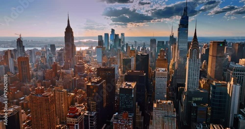 Descend over the famous New York skyscrapers in the modern downtown. Sunlight illuminating gorgeous architecture.