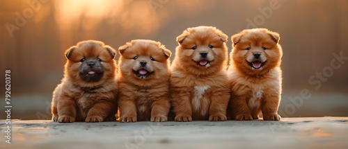 Closeup of chow chow puppies against a sunset lake background. Concept Chow Chow Puppies, Sunset Lake, Closeup Shots, Outdoor Photoshoot photo