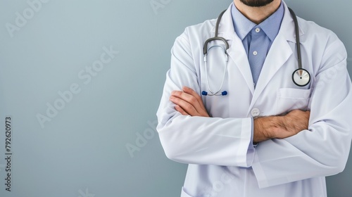 A doctor in uniform with a stethoscope on a minimalistic background. Work in medicine. Medic's Day, health day. Treatment and healthcare