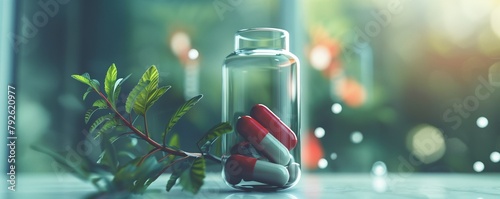 Medical background. Red and white pills in a bottle on the table and a branch of the plant. The concept of a plant-based medicine. Biologically active natural supplement photo