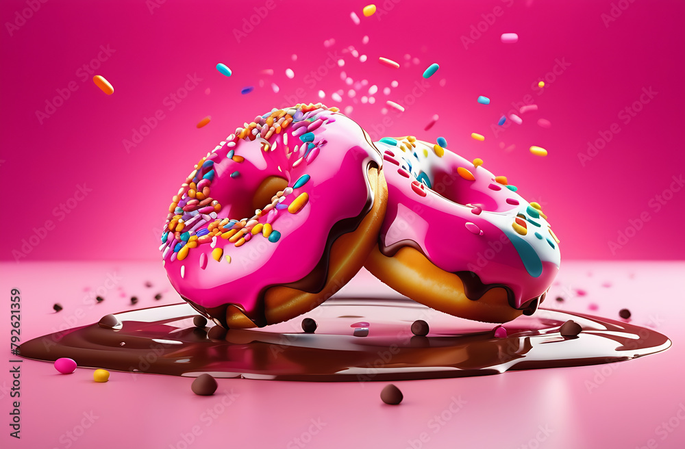 Donuts. Colorful glossy glazed donut. Pink and chocolate syrup toppings, pink background. Sweet bakery. Sugar food. Product confectionery presentation. Cartoon plastic food - obrazy, fototapety, plakaty 