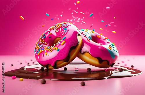 Donuts. Colorful glossy glazed donut. Pink and chocolate syrup toppings, pink background. Sweet bakery. Sugar food. Product confectionery presentation. Cartoon plastic food © Mariya