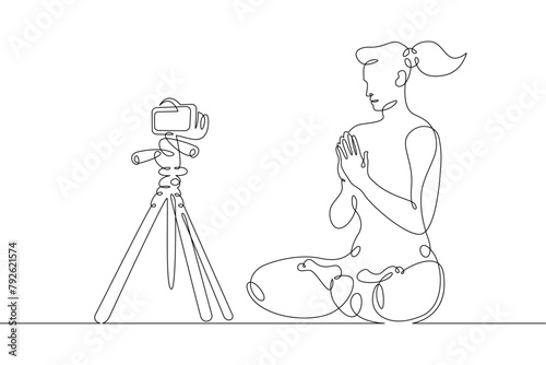 Fitness blogger leads a workout.One continuous line.Blogger female character. Internet blogging, online broadcasting.Continuous line drawing.Line Art isolated white background.