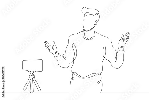 Influencer social media blogger recording video for blog.One continuous line.Blogger female character. Internet blogging, online broadcasting.Continuous line drawing.Line Art isolated white background