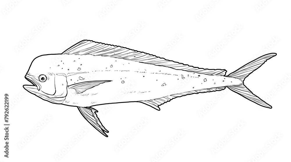 Mahi mahi Young or dolphin fish isolated on white. Realistic illustration of mahi mahi or dolphin fish isolated on white background. Side view Sketch. - obrazy, fototapety, plakaty 