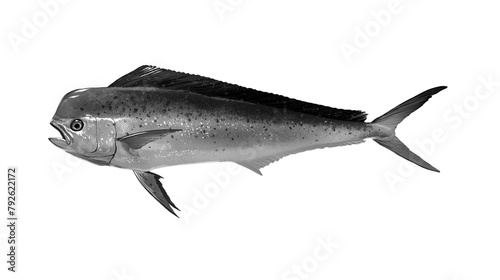 Mahi mahi Young or dolphin fish isolated on white. Realistic illustration of mahi mahi or dolphin fish isolated on white background. Side view Black and white.