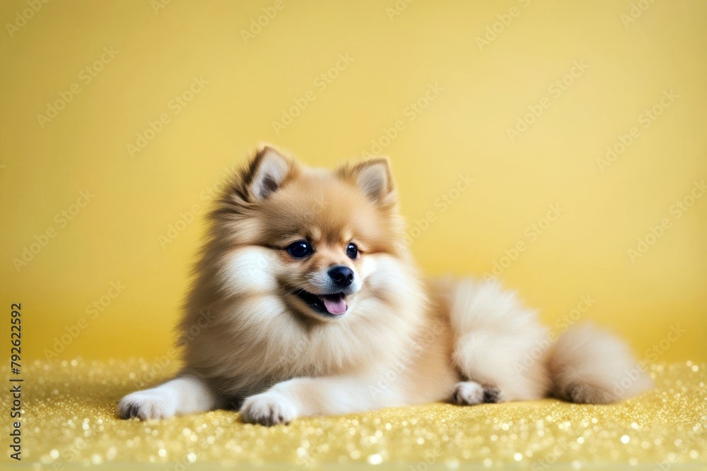 'cute free puppy yellow smiling lying spitz bright background portraite text fluffy space pomeranian trendy dog little pet animal white isolated brown small portrait breed canino cat fur domestic'