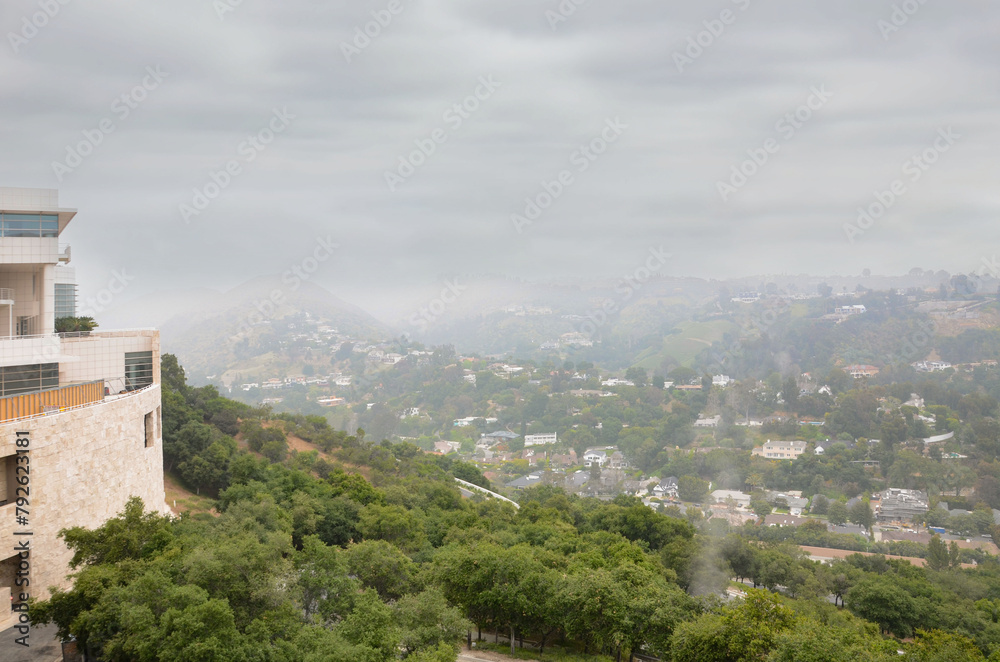 Los Angeles in the Fog The Magic of City Contours Foggy morning landscape picturesque houses on the hills