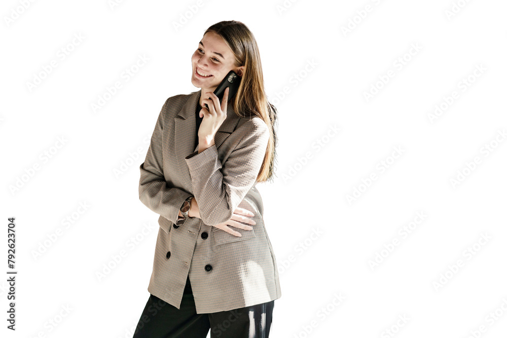 The secretary is talking on the phone, chatting in a work chat with a client, the background is cut out