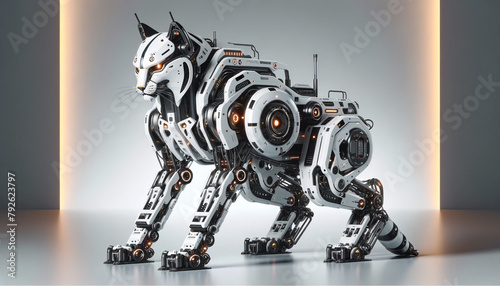 A robotic bobcat in a futuristic style, resembling a high-tech piece of machinery with sleek white and black panels photo